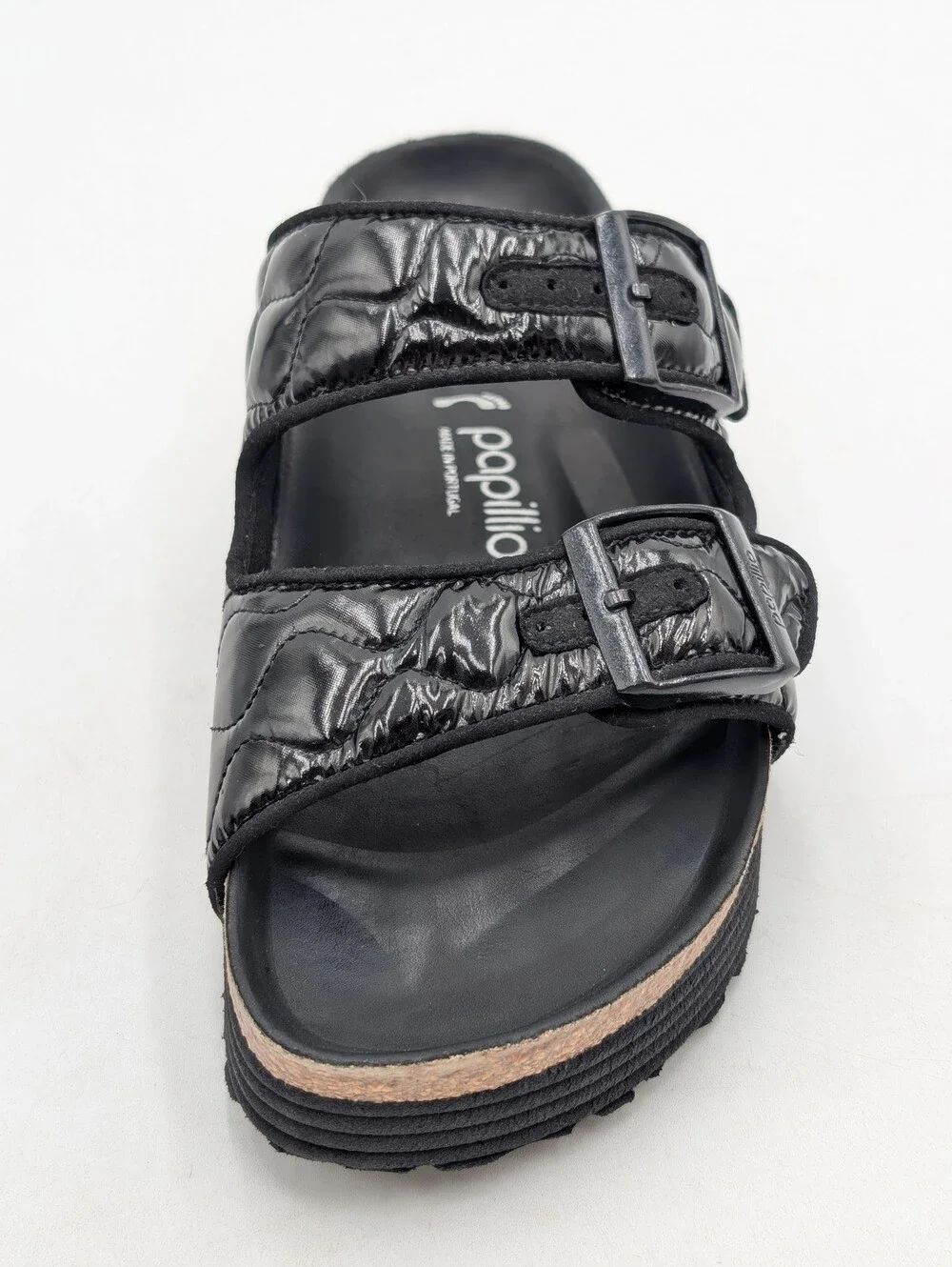 Papillio by Birkenstock Sz 7-7.5 Arizona Platform Padded Blk Patent-Like Sandals